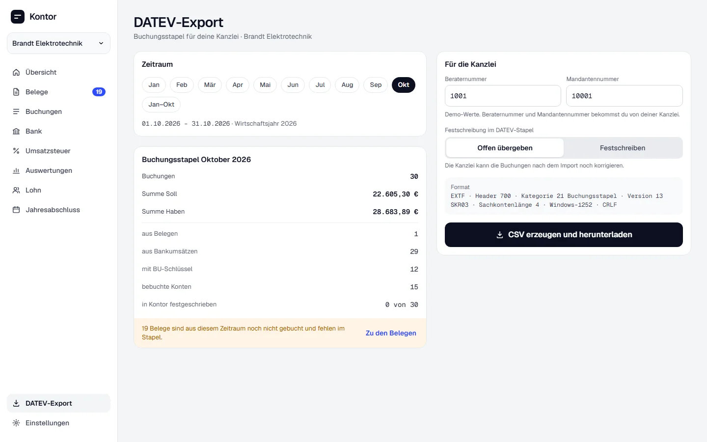 DATEV-Export im Browser: Zeitraum, Buchungsstapel Oktober und die Angaben für die Kanzlei