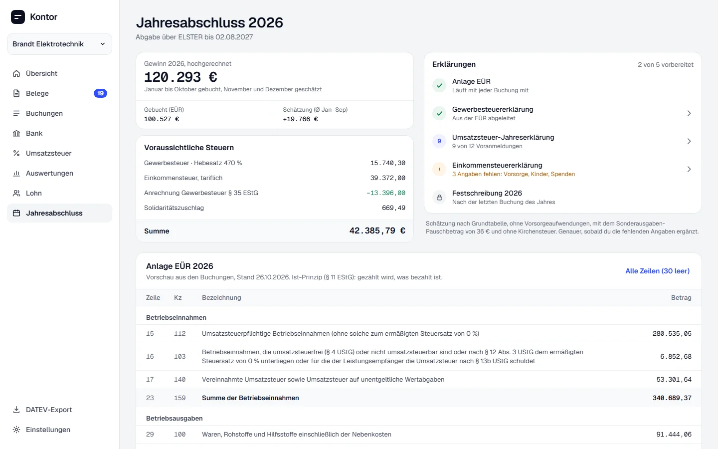 Jahresabschluss im Browser: Gewinn, voraussichtliche Steuern, Erklärungen und Anlage EÜR