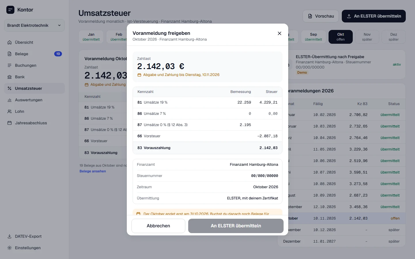 Umsatzsteuer-Voranmeldung im Browser mit Freigabe-Dialog
