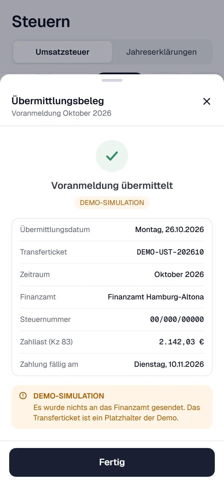 Übermittlungsbeleg der Voranmeldung auf dem Telefon